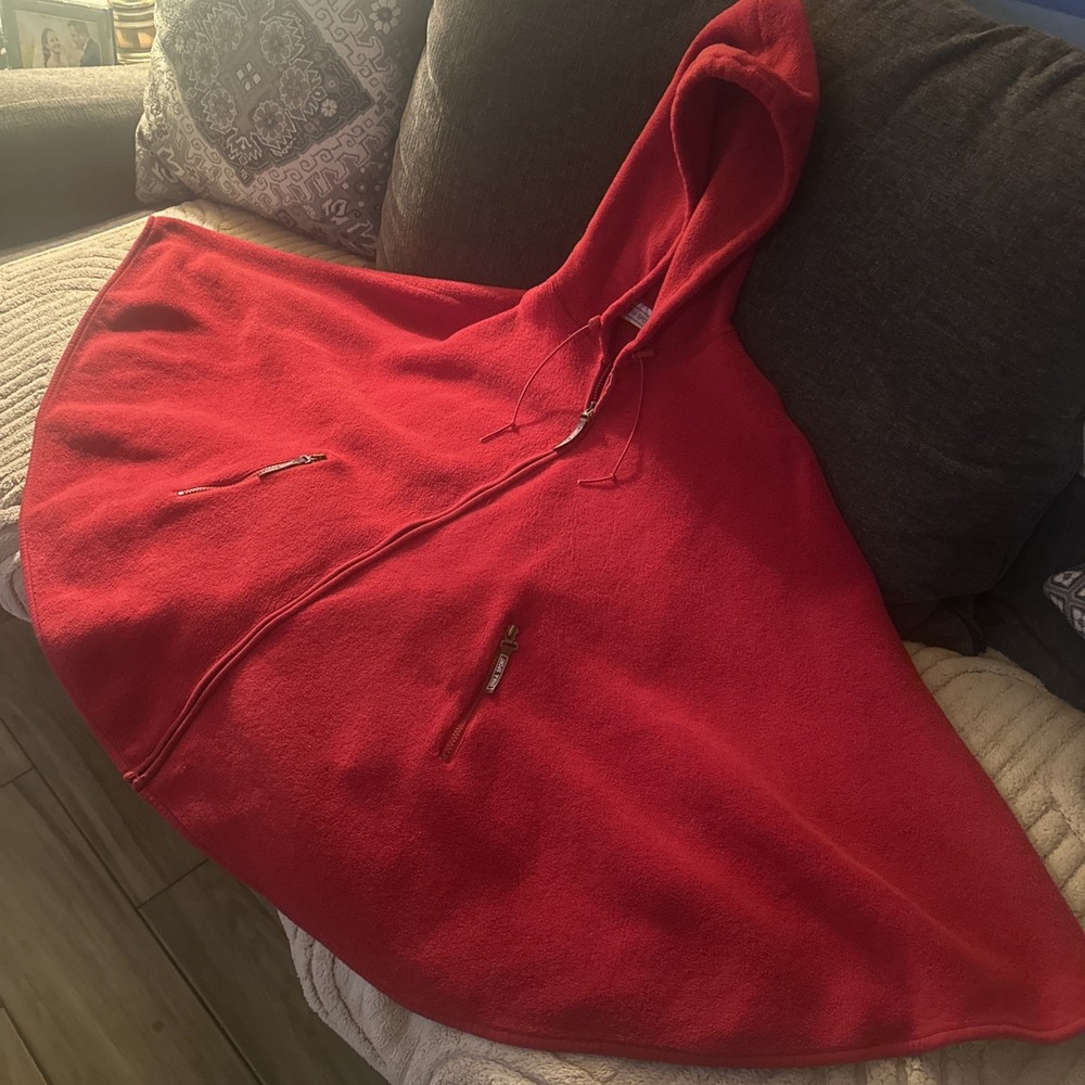 Fleece Hooded Red Riding, Zip Front And Pockets Poncho 1980's